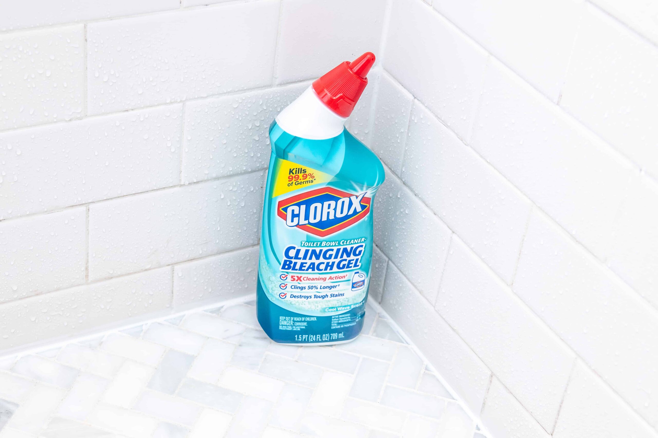 clorox bleach gel toilet bowl cleaner displayed in the corner of a shower
