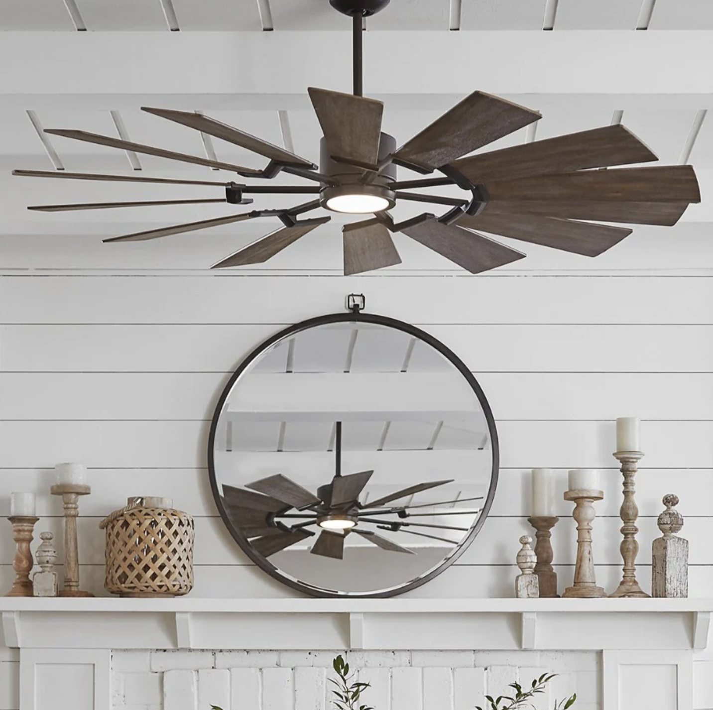 brown farmhouse ceiling fan in modern white farmhouse room
