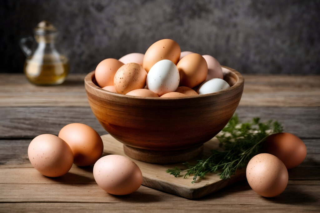 chicken eggs in a wooden bowl on a table